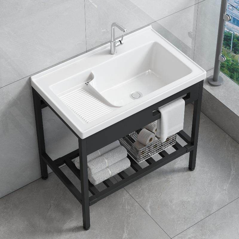 免打孔落地式不锈钢支架洗衣盆带搓衣板加深阳台陶瓷洗手台盆一体