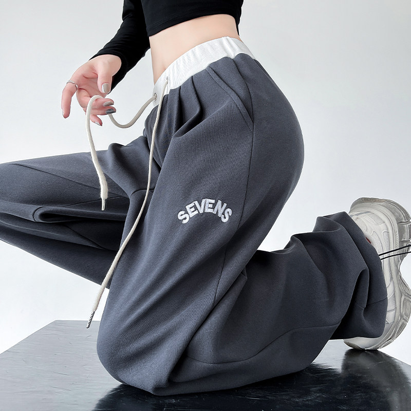 深灰色运动裤女两穿2025秋冬新款刺绣直筒宽松休闲加长裤美式显瘦