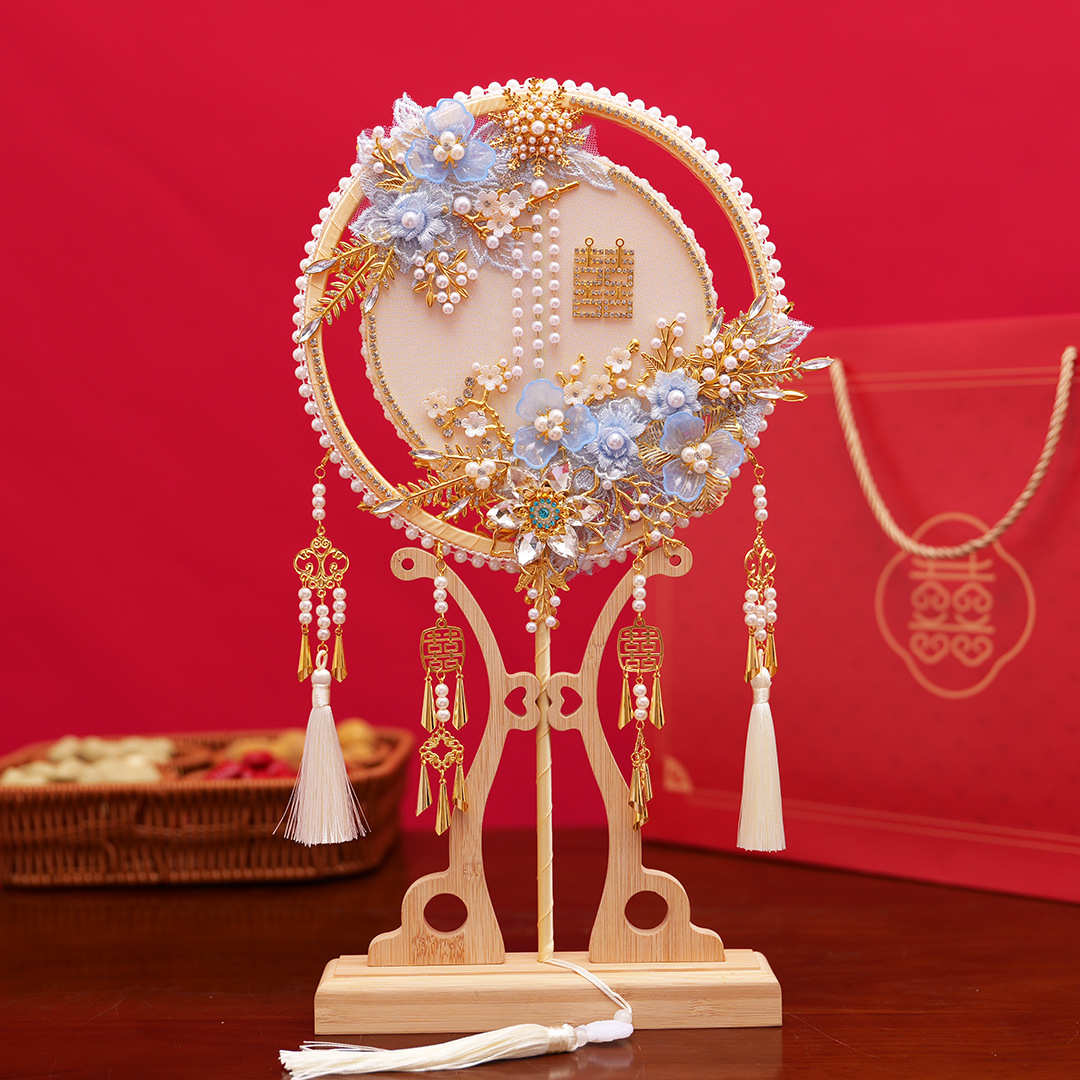 新娘喜扇diy手工新款长柄中式秀禾扇出嫁遮面超仙双面团扇礼品扇