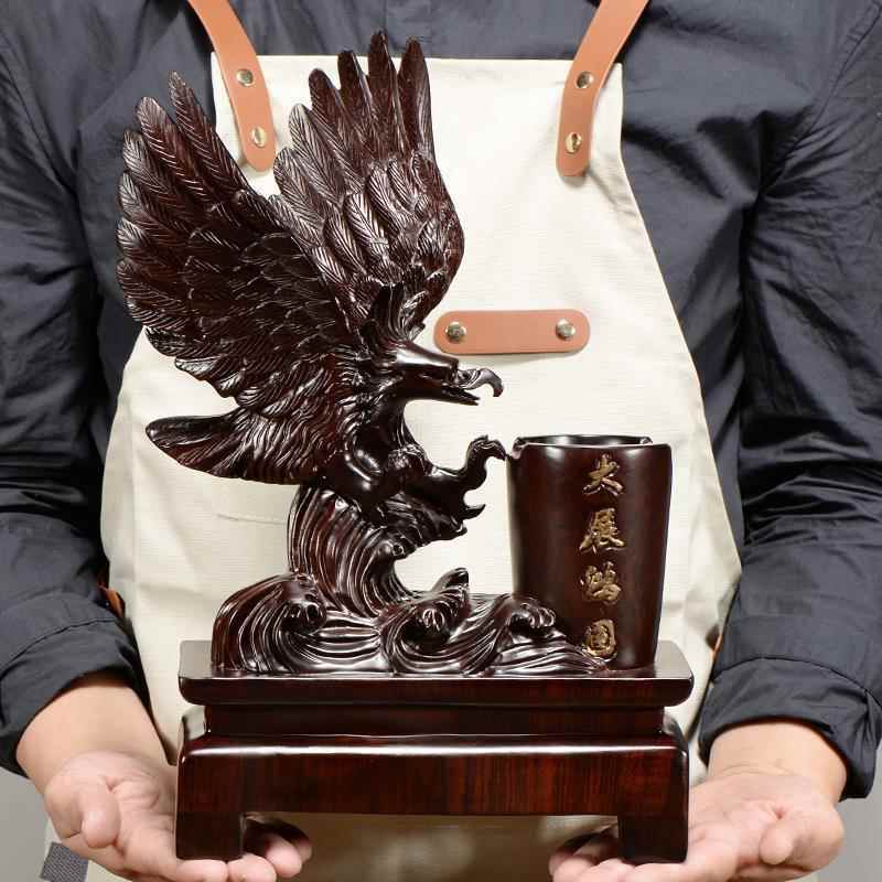 黑檀实木根雕老鹰大展宏图笔筒摆件客厅书房办公室开业乔迁工艺品