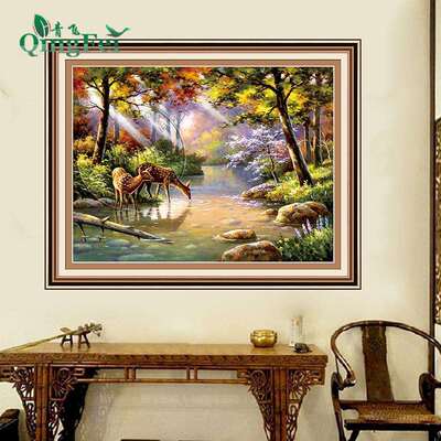 青飞精准印布福禄双全森林麋鹿十字绣现代简约客厅书房满绣