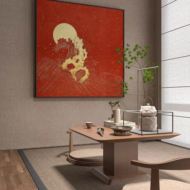 新中式红色抽象金色海浪酒店民宿茶室玄关客厅装饰画壁画方形挂画