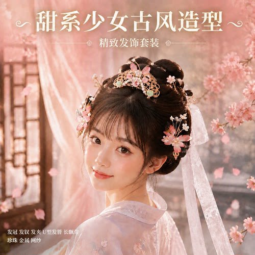 古风汉服粉色花朵发冠超仙头饰女