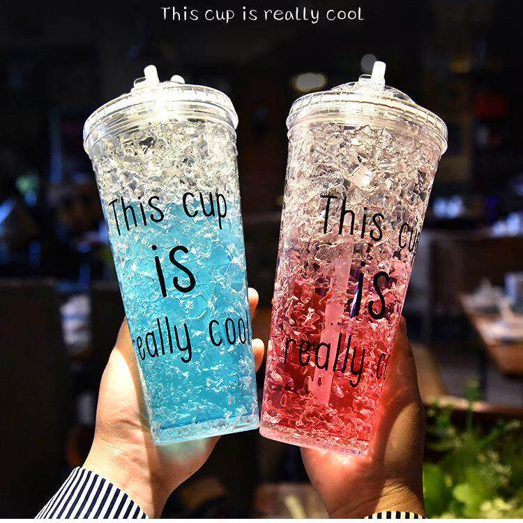 厂家户外双层塑料水杯滑盖制冷碎冰杯夏日双层凝胶礼品吸管杯