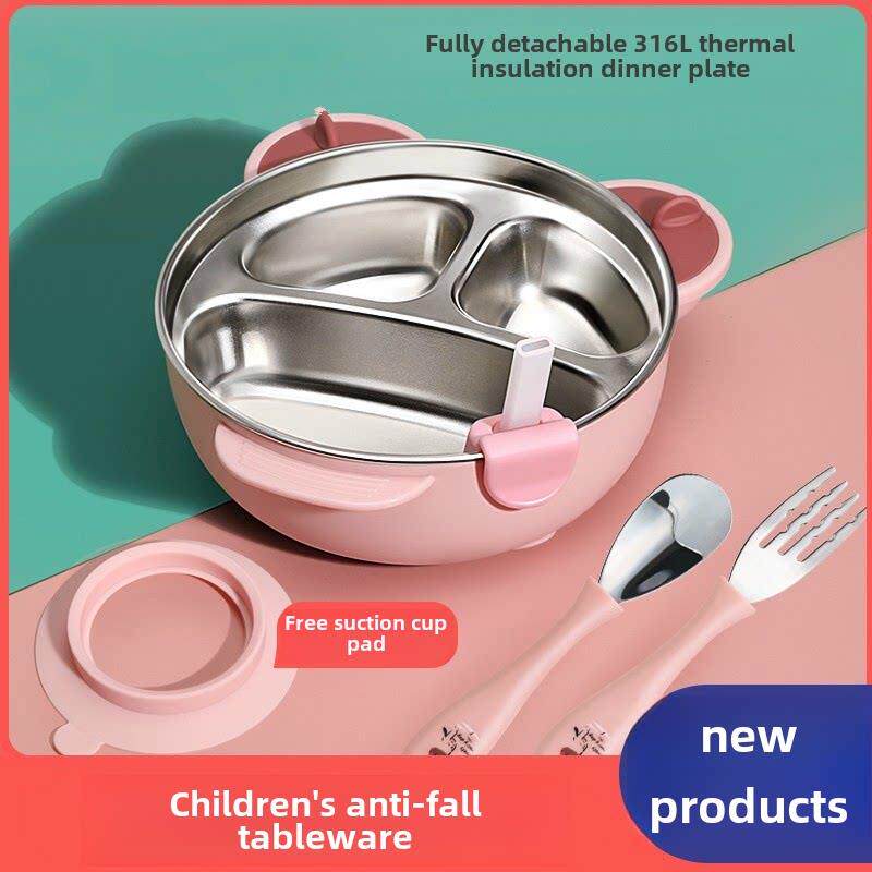 美国婴儿餐盘不锈钢分体吸盘卡通充水隔热碗食品补充婴儿餐具套装
