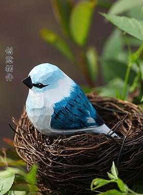 手工木雕小鸟可爱治愈系女生日礼物灰蓝山雀桌面装饰品随身小摆件