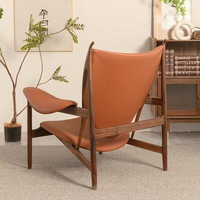 复古酋长椅子北美黑胡桃木休闲椅北欧风格纯皮单人椅