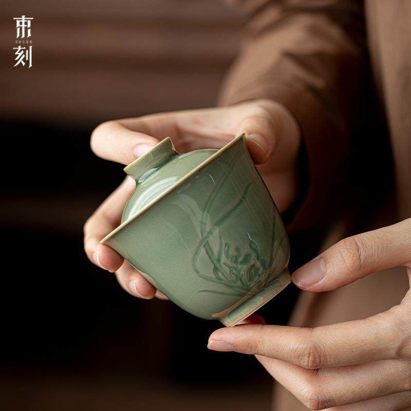 束刻越窑梅子青手工浮雕兰花二才盖碗不烫手仿古茶具文人泡茶碗