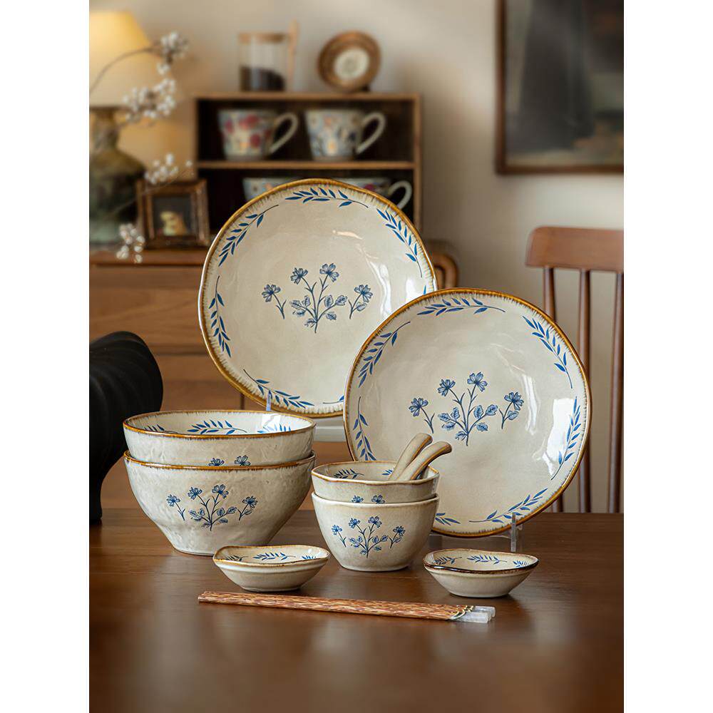 巷子尾〖小苍兰餐具套装〗复古高级感碗盘套装2人食陶瓷碗碟家用