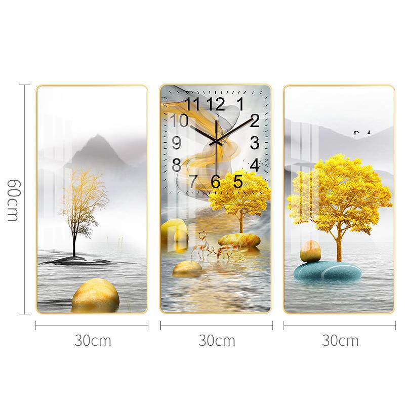 北欧风装饰画挂钟三联晶瓷画餐厅客厅装饰画壁挂钟表静音时钟