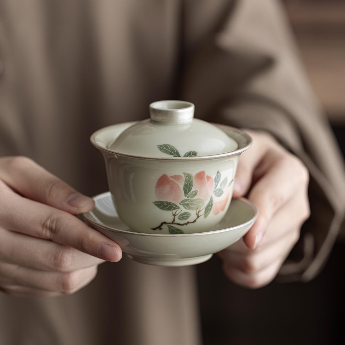 新中式手绘粉桃鎏银盖碗三才茶碗茶具泡茶具茶杯单个不烫手泡茶碗