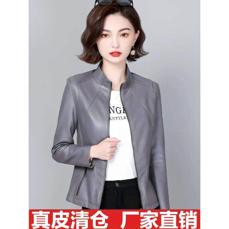 海宁真皮皮衣女短款修身春秋季新款立领百搭皮夹克小个子通勤外套