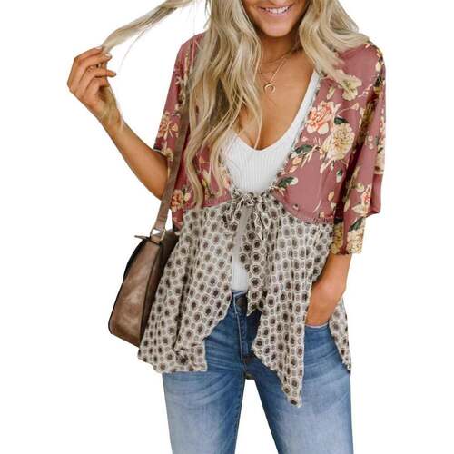 Women Floral Kimono Cardigans 3/4 Ruffle Sleeve Lightweight