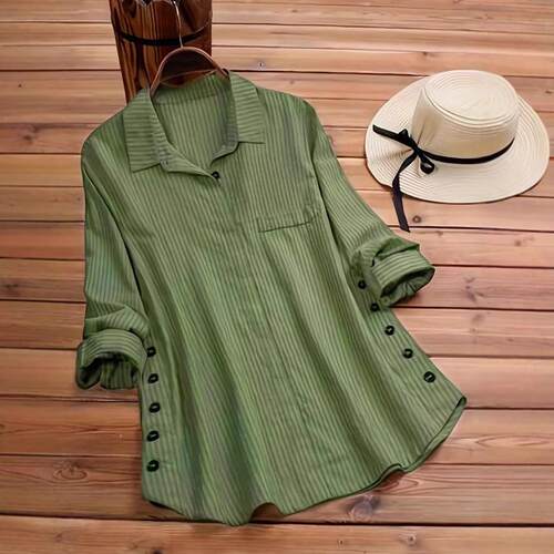Women's striped cotton and linen fake pocket striped long