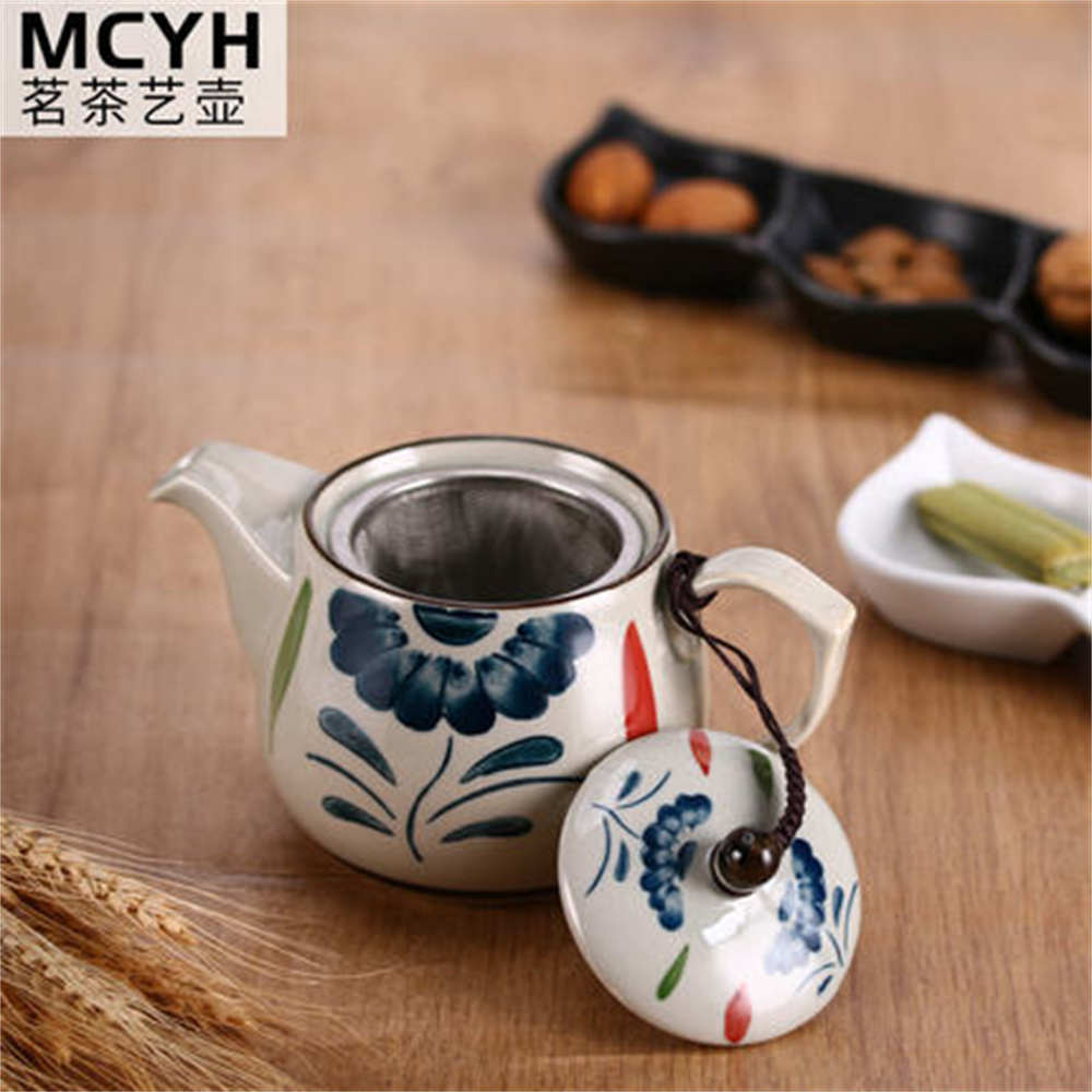 日式复古和风简约陶瓷茶壶吉祥红花带滤网茶具家用釉下彩泡茶器