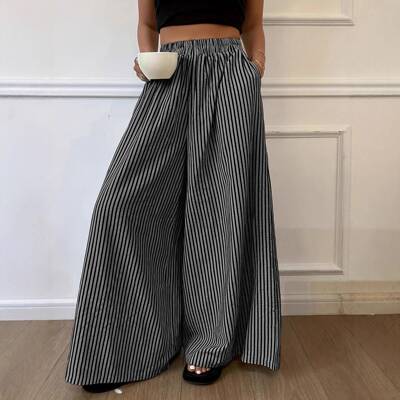 Women Vertical Striped Woven Casual Elastic Waist Leg Pants