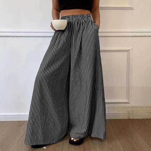 Women Vertical Striped Woven Casual Elastic Waist Leg Pants