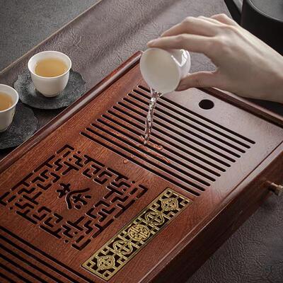 中式花实木茶梨盘家用储水茶排水用简约办公30005喝两干泡茶台茶