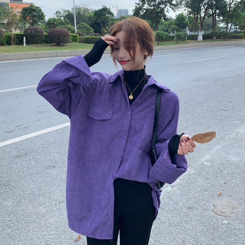 极速复古紫色灯芯绒衬衫女款秋季网红设计感小众上衣长袖丝绒衬衣