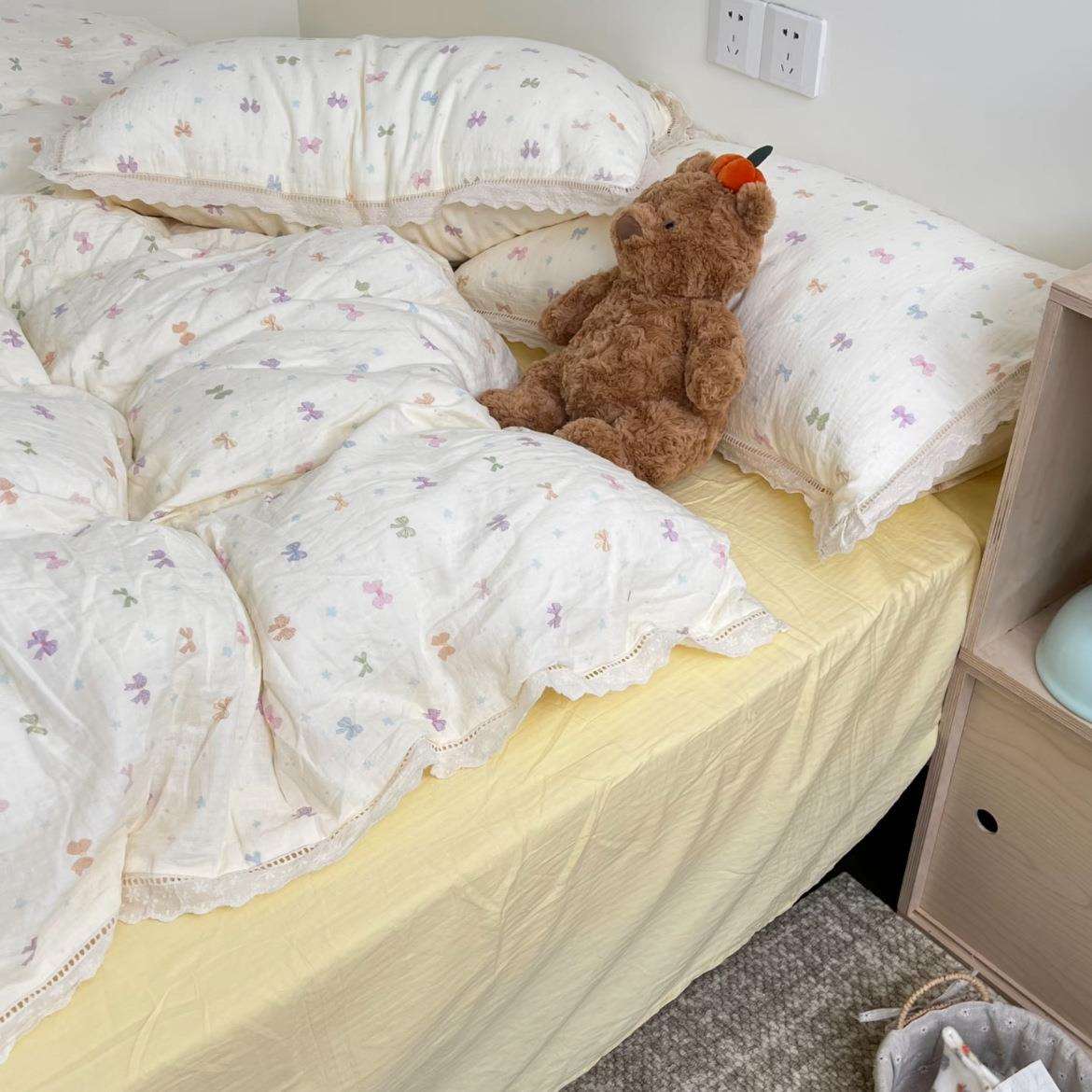 宝妈闭眼入~超柔软双层纱四件套加厚人字纹提花床单棉纱床品
