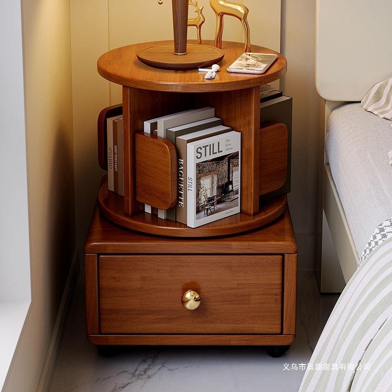 全实木旋转小书架移动带轮卧室儿童书柜简约床头柜床边收纳置物架