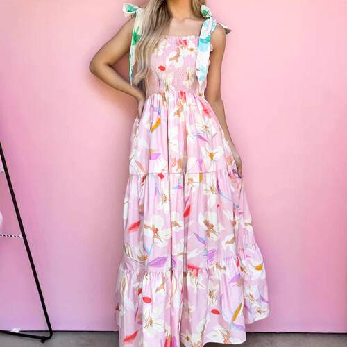 Women's Floral Sleeveless Knotted Shoulder Smocked Spaghetti