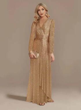 V-Neck Evening Dress Wedding Party Sequins Prom Dresses