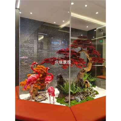 仿真松树室内人造红色树叶雪松假树大型牙签松景池造景展厅落地