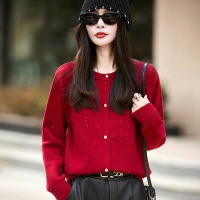 2026春夏新款浣熊绒圆领针织开衫女外套宽松显瘦毛衣打底上衣百搭