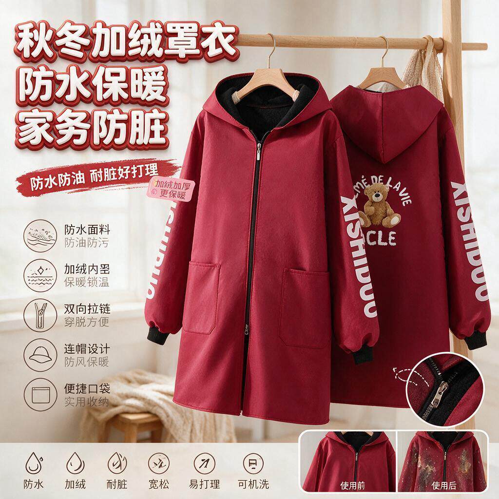 工作服罩衣棉衣防水围裙女新款防脏2026秋冬季男款厚防油红色加绒