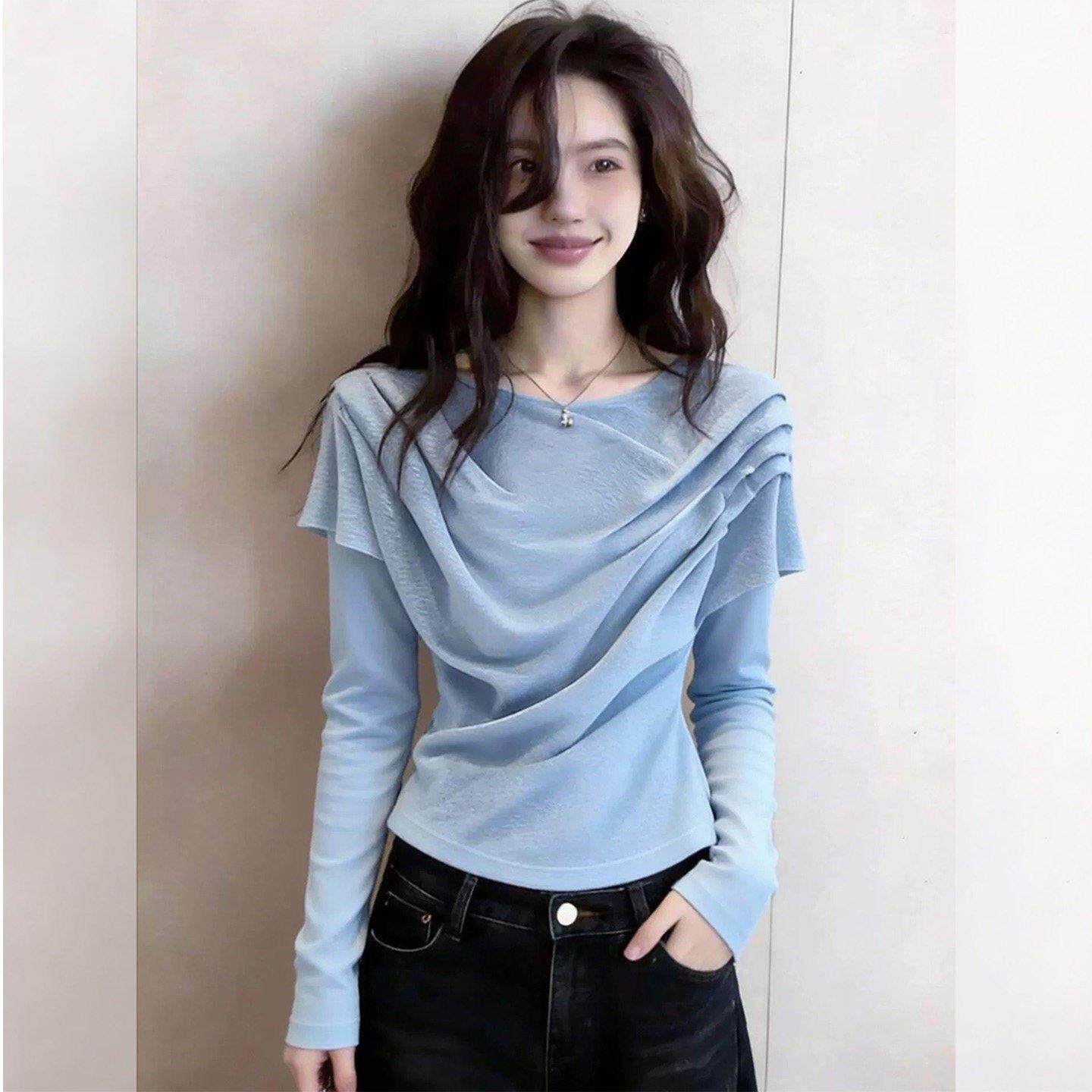 荡领蓝色设计感长袖T恤女春秋修身不规则小众轻奢高级感法式上衣