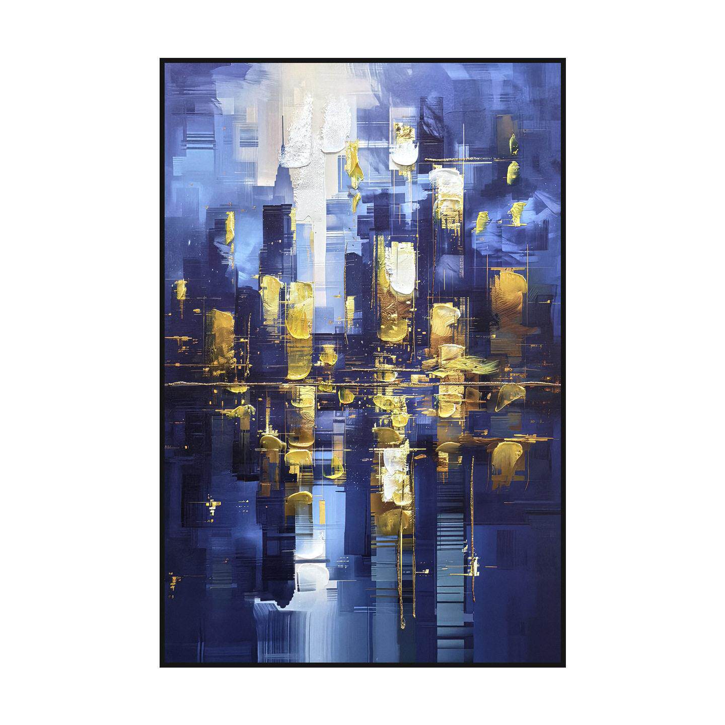抽象蓝金夜景建筑肌理手绘油画竖版玄关入户厚涂风景落地装饰画