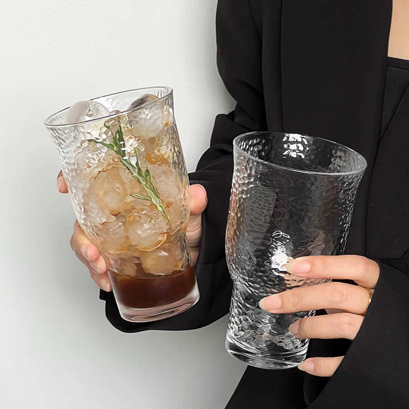 大容量复古果茶杯冰美式咖啡杯啤酒杯小众锤纹玻璃杯果汁杯饮料杯