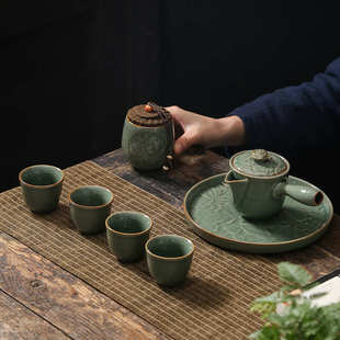 旅行包一壶四杯简约家用办公茶具批发 五大名窑哥窑旅行茶具便携式