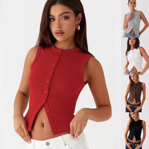 Women's Solid Button Vest Crop Tank Top, Casual Sleeveless C