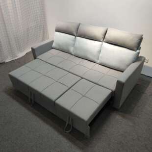 浅灰色简约棉麻布艺沙发小户型客厅卧室隐形贵妃双拖床折叠沙发床