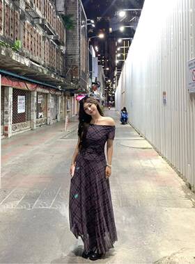 LALA WILD美式复古不规则格子大码A字连衣裙 夏季休闲甜辣风格