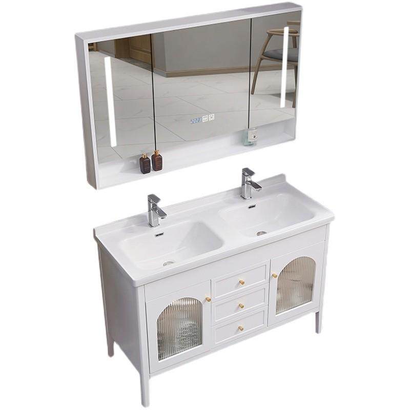 现代简约橡木双盆浴室镜柜组合落地式实木洗手洗脸一体陶瓷洗漱台