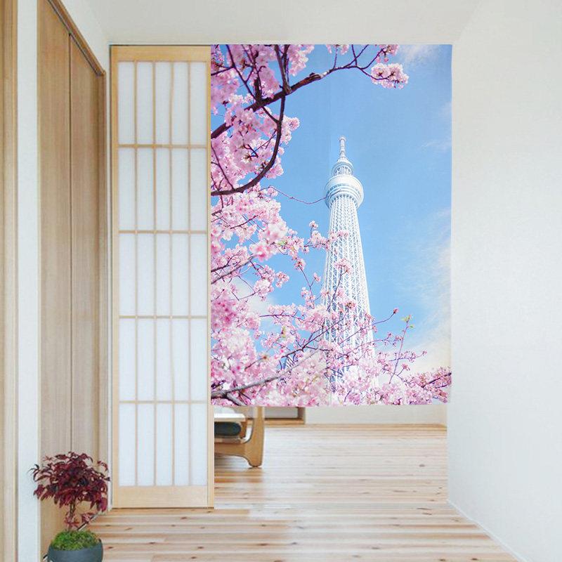 日式樱花小清新家用卧室隔断帘卫生间免打孔布艺门帘厨房挂帘半帘
