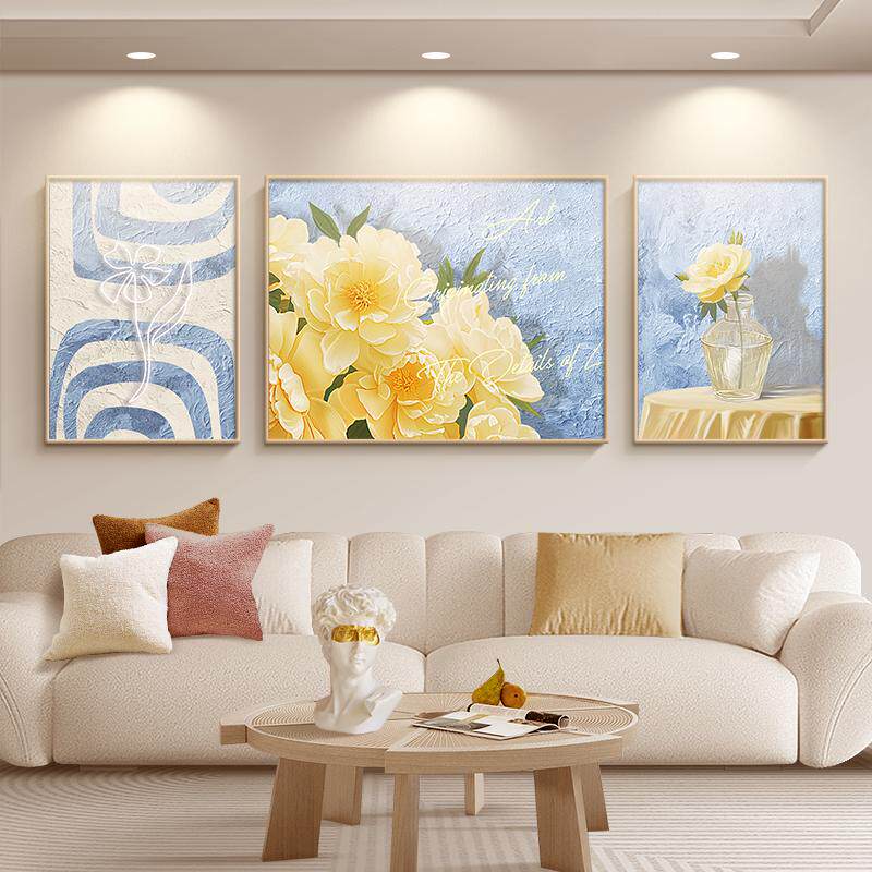 奶油风客厅装饰画沙发背景墙挂画北欧壁画现代简约花卉绿植三联画