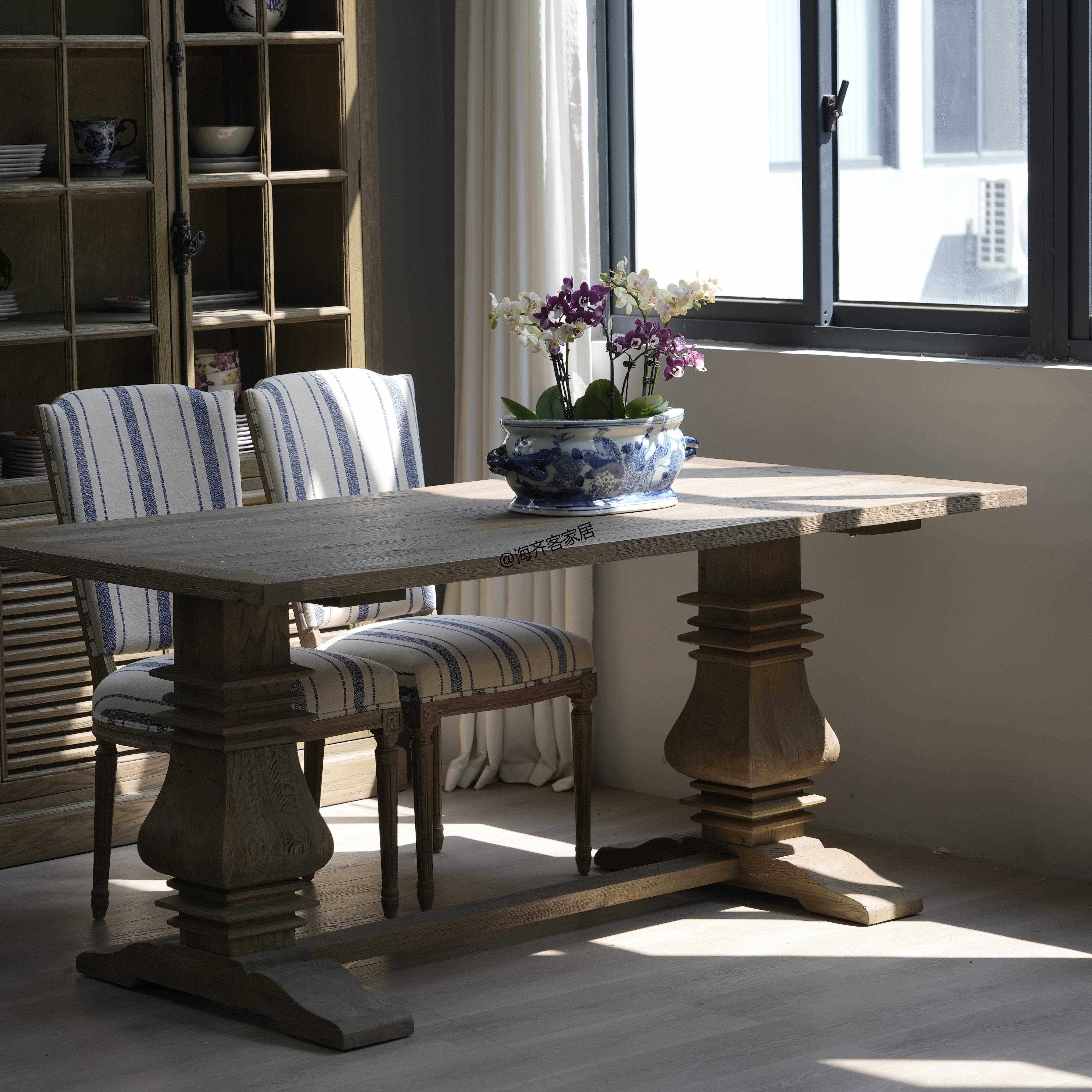 老橡木餐桌美式乡村实木餐桌长方形简约复古深栗色家用餐桌