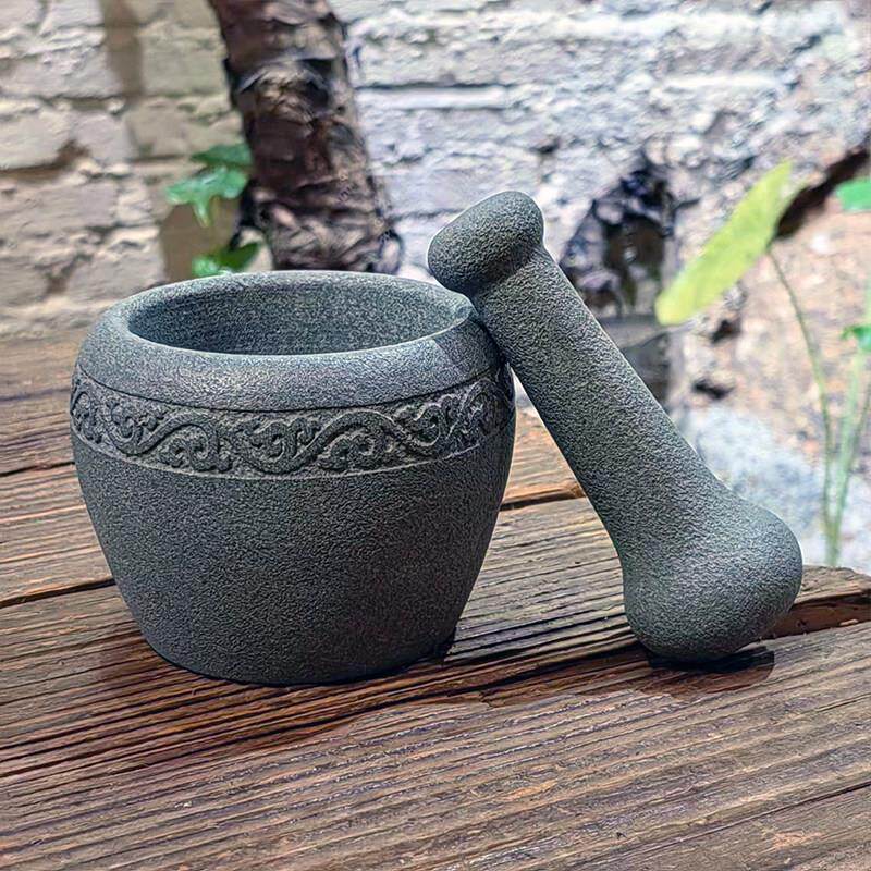 天然青石石臼家用捣蒜器石臼老式蒜泥器研磨器擂钵手工雕刻摆件