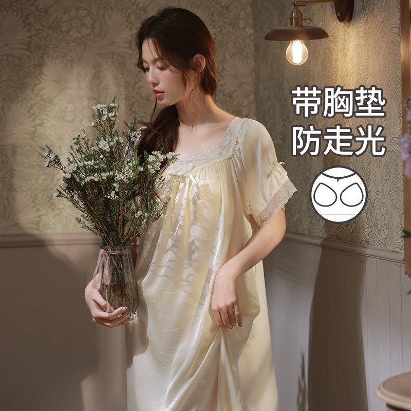 马克公主甜美法式方领睡裙女夏季冰丝带胸垫短袖宽松公主风睡衣裙图片