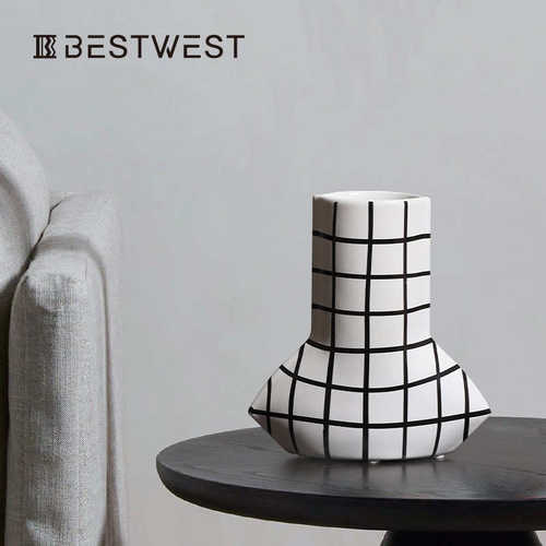 Best west 不规则黑白棋盘格高脚釉面花瓶花器法式家居客厅装饰品