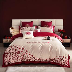 高端大气结婚婚床上用品四件套纯棉全棉婚庆套件酒红色系新婚喜被