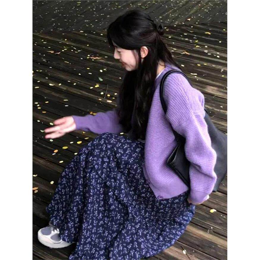 韩国NextMary复古碎紫色花半身裙女春季高腰a字裙休闲慵懒风长裙