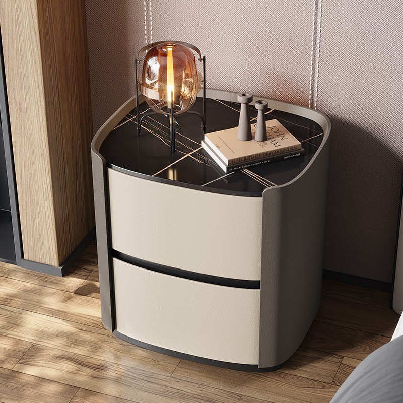 意式极简椭圆形床头柜现代简约轻奢卧室高端侘寂风岩板床边储物柜