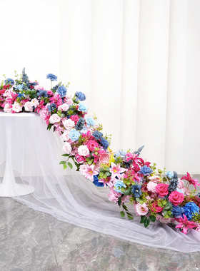 200*40紫色婚庆长花排婚礼餐桌会议长桌橱窗装饰仿真玫瑰花墙排花