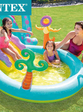 INTEX57135恐龙八字形公园水池滑滑梯充气城堡儿童戏水池喷水泳池