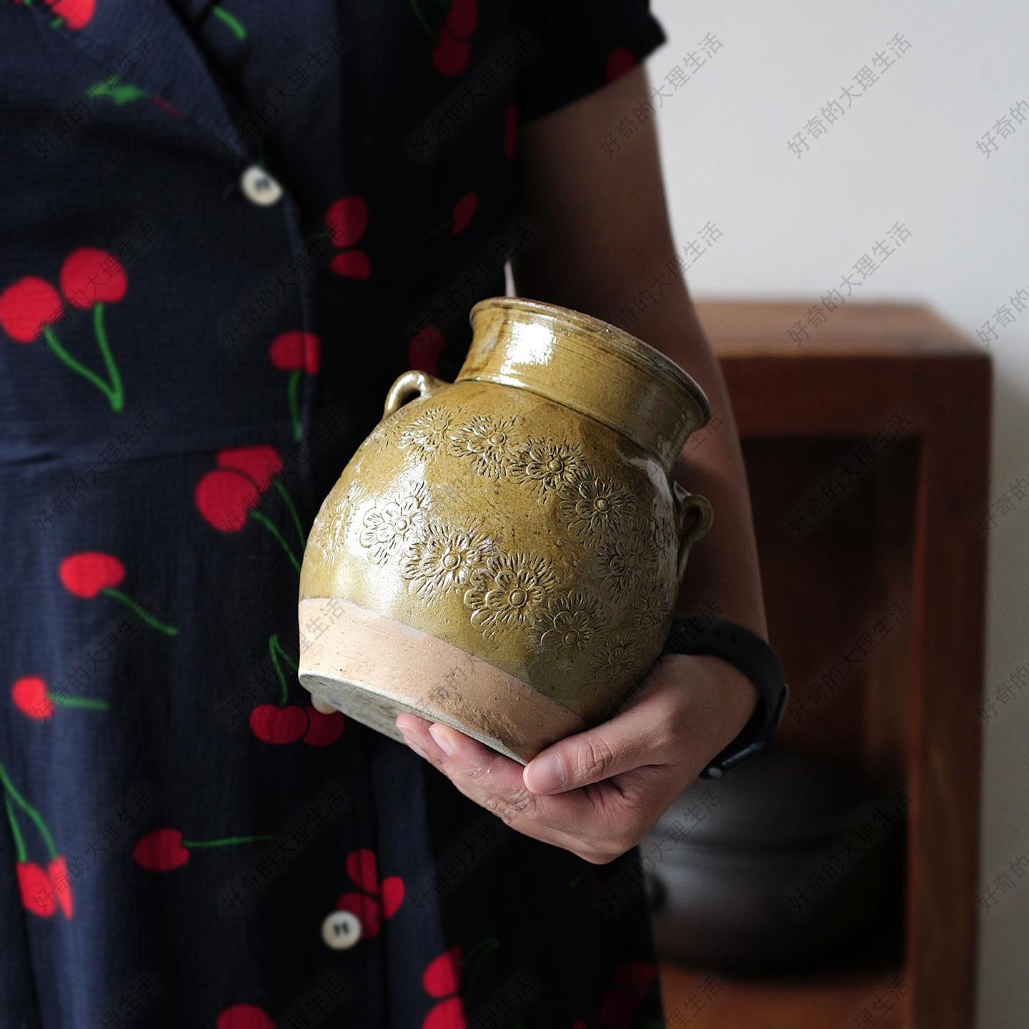 云南土陶罐子覆古花瓶 土柴窑陶罐 手工双耳印花插花器皿装饰品